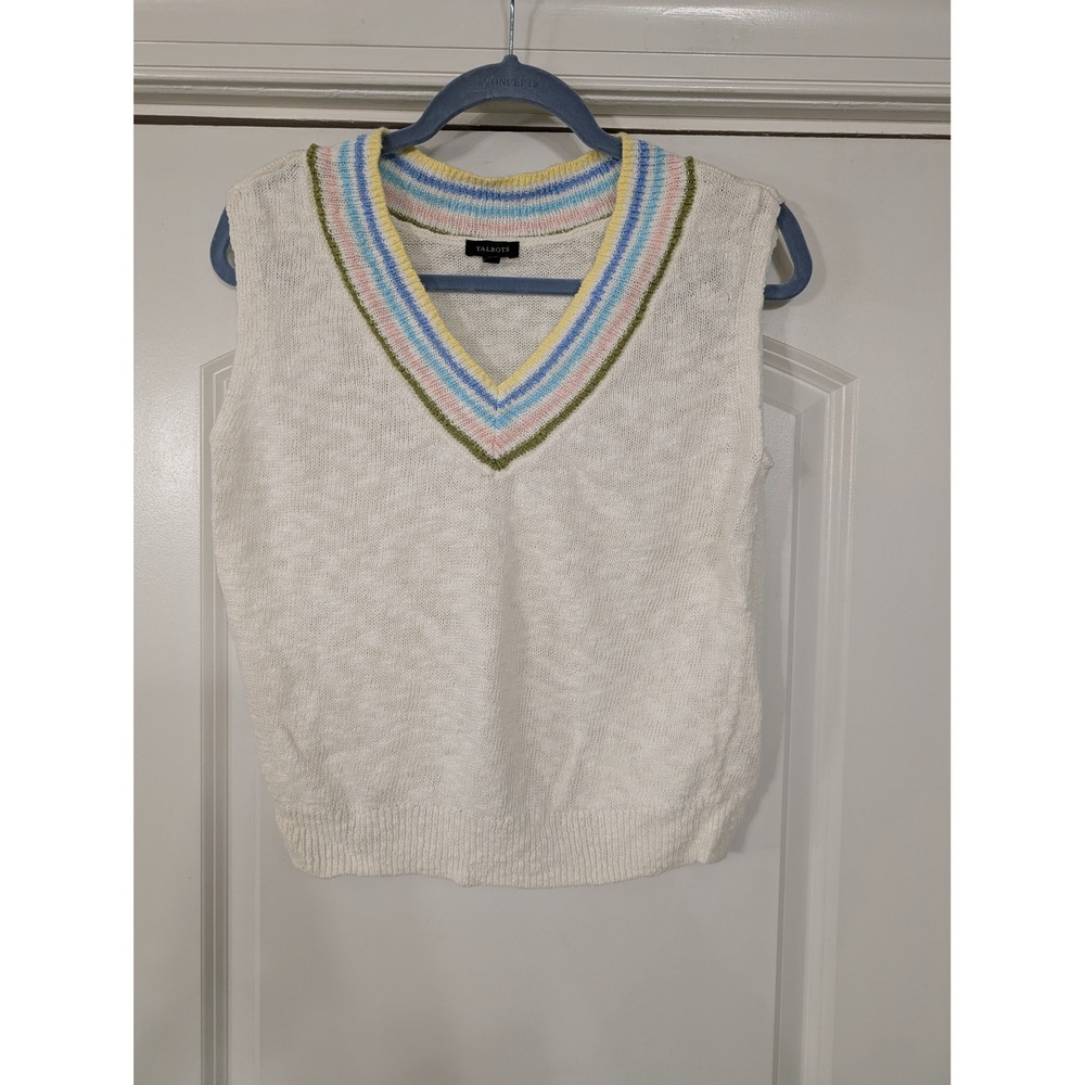 Talbots Women's Cream V-Neck Sleeveless Sweater Vest Size XS Striped‎ Trim